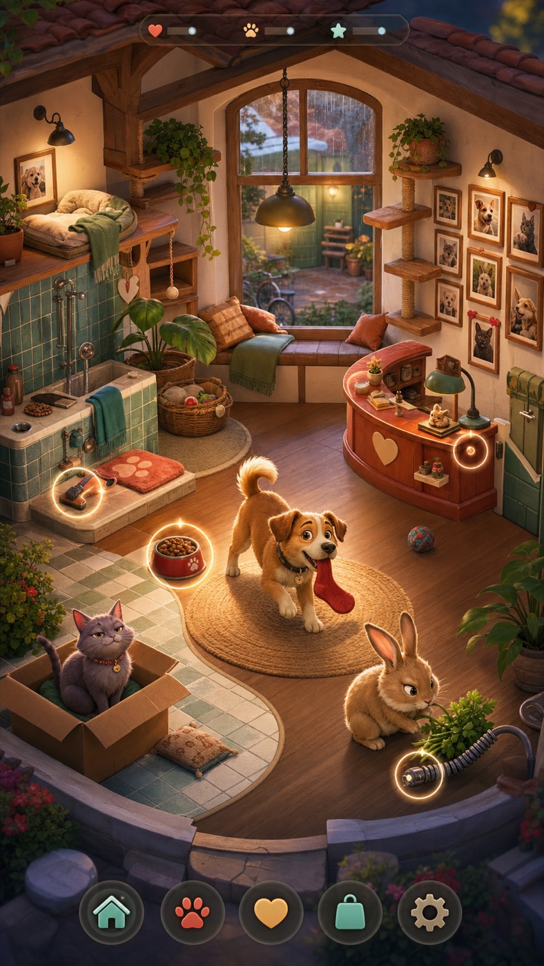 Konzeptbild: das Tierheim als aufgeklapptes Puppenhaus, mit Hund, Katze und Kaninchen im Raum.